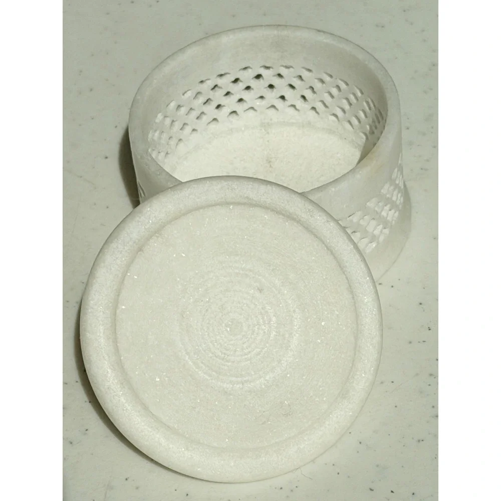 White Marble Ring Jewelry Box Lattice Inlaid Floral Design 2.5
